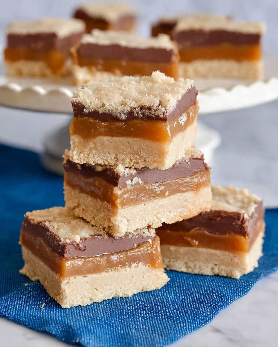 The image shows five square layered bars stacked on a blue cloth with a white marbled background. Each bar has three distinct layers: a thick, crumbly, pale beige bottom layer, a middle layer of smooth, rich caramel brown, and a top layer of dark chocolate brown, followed by a thin crumbly pale beige top layer. The bars are slightly uneven with soft edges and a textured surface on the top. To the right, a white pedestal holds one piece of the bar. photo taken with an iphone --ar 4:5 --v 7