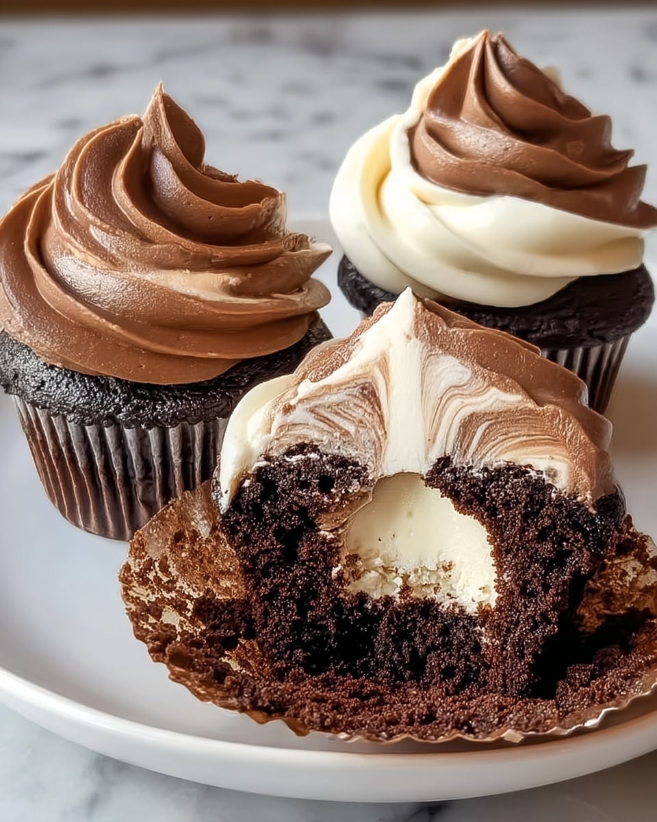Three chocolate cupcakes are shown on a white plate set on a white marbled surface. Each cupcake has a dark brown chocolate base with a swirl of two-tone frosting on top, mixing creamy white and rich chocolate brown colors. One cupcake in the front center has a bite taken out, revealing a thick inner layer of white and brown creamy filling and a moist chocolate cake texture inside. The two cupcakes in the background remain whole, with tall swirls of alternating white and brown frosting on top. Photo taken with an iphone --ar 4:5 --v 7