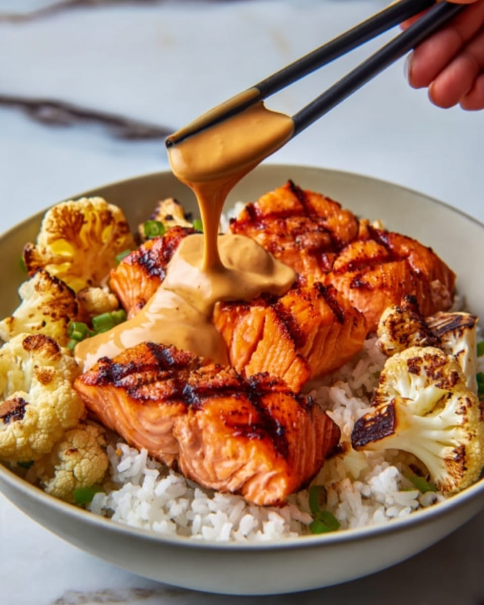 The image shows a white bowl with a bed of cooked white rice at the bottom. On top, there are pieces of grilled salmon cut into chunks with a shiny, glazed, and slightly charred surface. Around the salmon, there are roasted cauliflower florets, caramelized to a golden brown with some darker char spots. A light brown creamy sauce is being poured over the salmon pieces from black chopsticks held by a woman's hand above the bowl. The background is blurred with a white marbled texture underneath the bowl. Photo taken with an iphone --ar 4:5 --v 7
