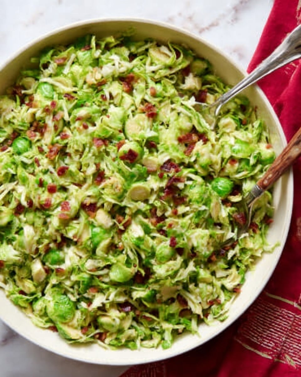 A round white bowl filled with a fresh salad made of thinly sliced Brussels sprouts, light green in color, mixed with small pieces of bacon and some red chili flakes spread evenly on top. Two metal serving spoons rest inside the bowl, one showing the textured layers of the salad. The bowl sits on a white marbled surface with a red and white cloth partially visible beside it. The salad looks crisp and colorful with a mix of pale green and pinkish-red tones. Photo taken with an iphone --ar 4:5 --v 7