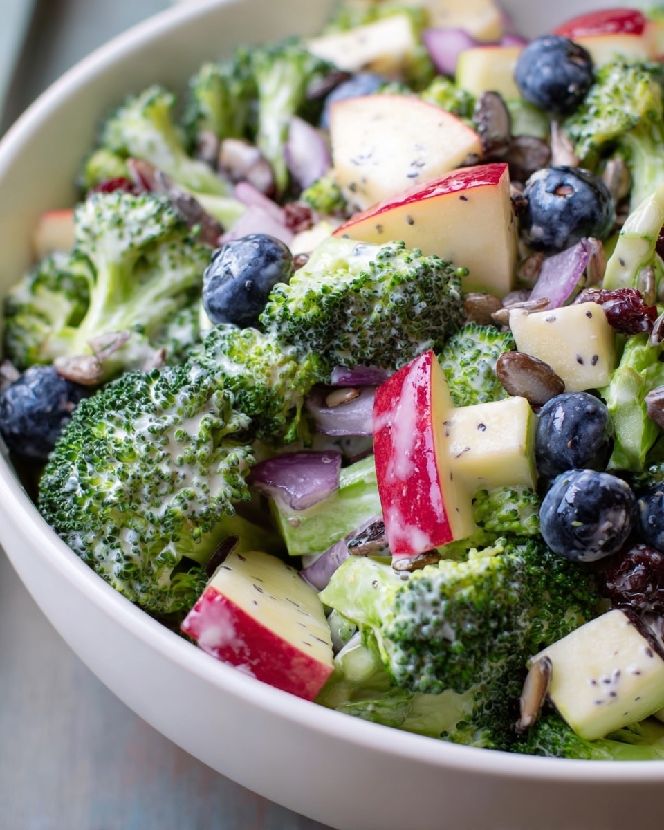 A fresh broccoli salad in a white bowl, filled with bright green broccoli florets as the base layer, topped with shiny dark blue blueberries and small, deep red grape pieces. Scattered among these are small cubes of red-skinned apple, sliced red onion bits, and light brown sunflower seeds. The salad is lightly coated with a creamy white dressing that clings to the ingredients, giving a slightly glossy look. The bowl sits on a white marbled surface. photo taken with an iphone --ar 4:5 --v 7