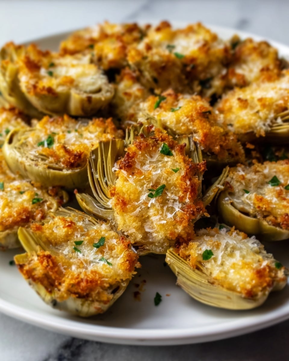 The image shows a white plate filled with many small, golden-brown baked artichoke halves. Each artichoke half has a crispy, lightly browned topping that looks crunchy and textured. Small, green herb pieces are sprinkled on top, adding a touch of color and freshness. The artichokes are arranged closely together, covering the plate. The background is a white marbled surface. Photo taken with an iphone --ar 4:5 --v 7