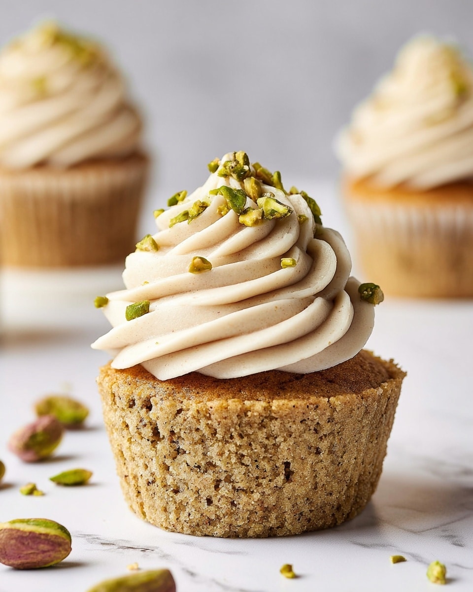 A single cupcake is shown on a white marbled texture, with a moist, light brown base containing small specks of darker pieces. On top, there is one thick layer of creamy off-white frosting, swirled in soft, smooth waves. The frosting is sprinkled generously with small, chopped green pistachio nuts. Around the cupcake, whole pistachio nuts and small crumbs are scattered. Two more cupcakes with similar frosting are blurred in the background. photo taken with an iphone --ar 4:5 --v 7
