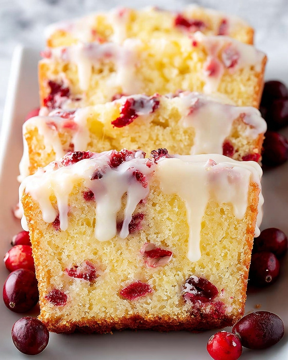 The image shows a close-up of a sliced cranberry lemon cake with three visible layers. The bottom layer is a golden brown crust that looks slightly crispy. Above that is a thick, soft yellow cake layer with a moist texture. The top layer is dotted with bright red cranberry pieces mixed into the cake, covered with a shiny, white lemon glaze sauce that drips down the sides. The cake slices are arranged on a white surface with a few fresh cranberries in front. The photo has a soft focus and natural light. photo taken with an iphone --ar 4:5 --v 7
