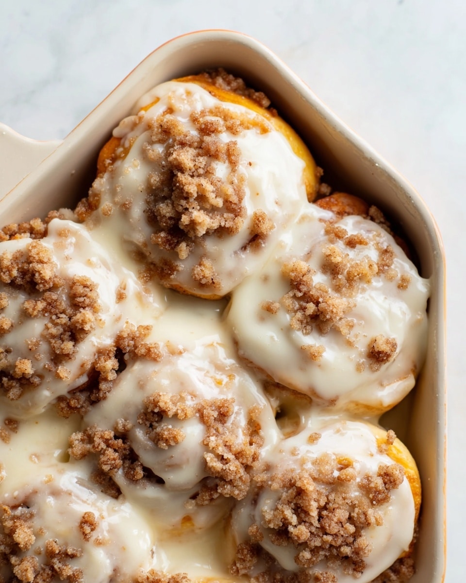 A close view of creamy cinnamon rolls in a white rectangular dish, showing four rolls tightly placed next to each other; each roll has a soft golden-brown dough layer swirled with dark cinnamon filling, covered with thick white icing that drips down the sides, topped with crumbly brown streusel bits scattered unevenly on the surface. All is set against a white marbled texture. photo taken with an iphone --ar 4:5 --v 7