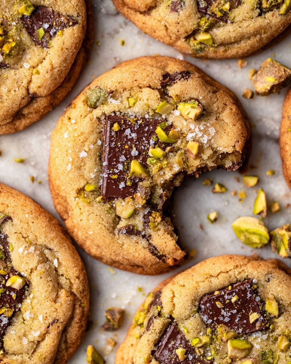 A close-up view of several soft chocolate chip cookies with a light golden-brown texture, each cookie studded with dark, melted chocolate chunks and small green and orange nut pieces scattered on top. One cookie in the center has a large bite taken out, showing a chewy inside with melted chocolate. Coarse salt crystals and crushed nuts are sprinkled on the cookie surfaces. All cookies rest on a parchment paper that lies on a white marbled texture. Photo taken with an iphone --ar 4:5 --v 7