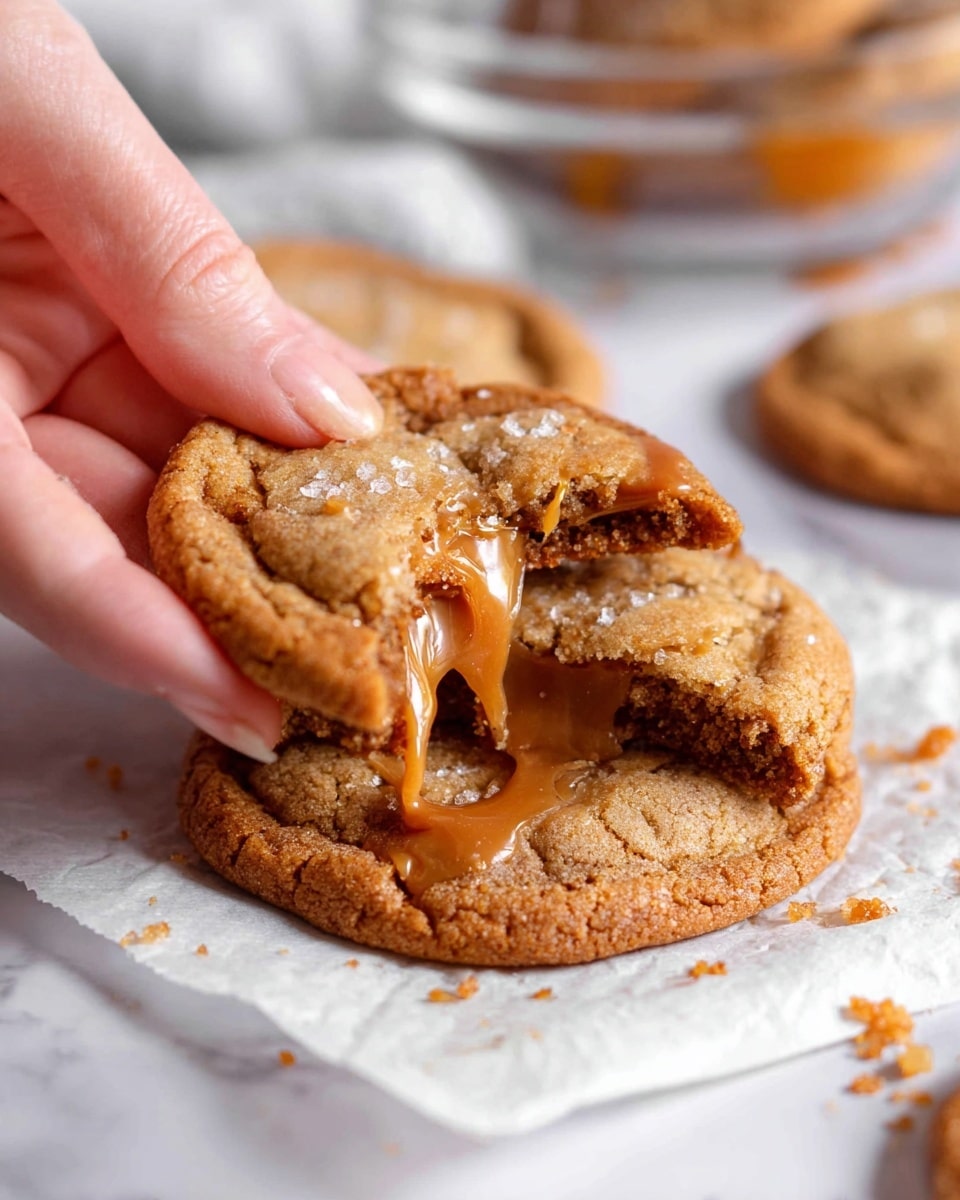 A close-up image shows a woman's hand lifting one half of a freshly baked cookie from a whole cookie underneath it, placed on a white marbled surface lined with white parchment paper. The cookie has a golden brown color with a slightly crispy and cracked texture on the outside. The lifted half reveals a layer of melted caramel or chocolate oozing out in a rich, smooth, amber color that drips slightly down. In the background, other whole cookies with a similar golden brown tone are slightly blurred. Photo taken with an iphone --ar 4:5 --v 7