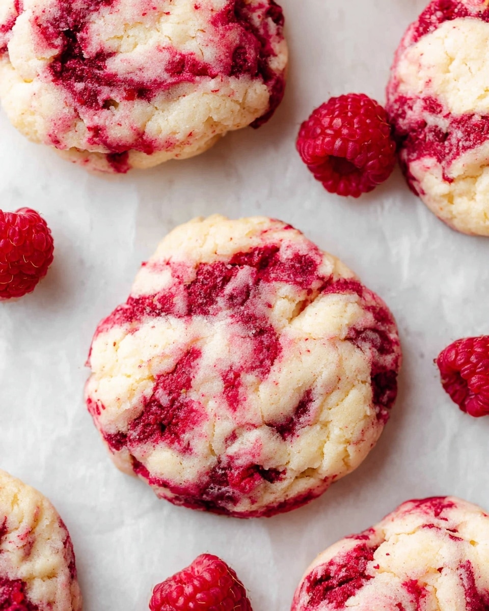 The image shows several round, soft cookies with a marbled mix of bright red raspberry swirls and creamy white dough. Each cookie is thick and has a slightly rough texture with bits of raspberry visible both inside and on the surface. Around the cookies are small pieces of fresh raspberry, adding a deep red contrast to the light-colored dough. The cookies rest on a white marbled texture that adds a clean and bright background to the scene. photo taken with an iphone --ar 4:5 --v 7