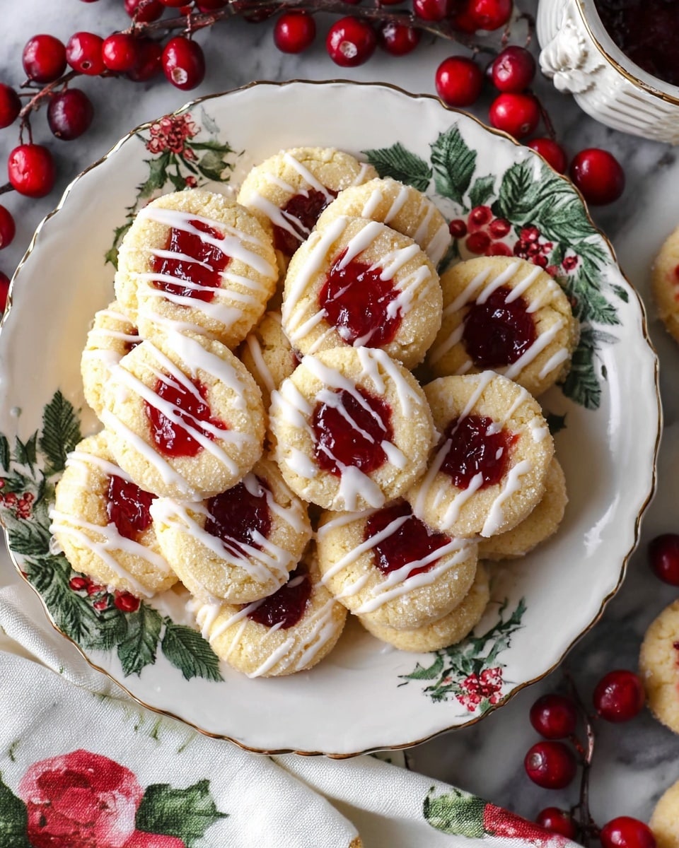 A white plate with a green and red holly pattern around the edge holds a pile of round thumbprint cookies, each cookie has a light golden color base with a center filled with bright red cranberry jam. The cookies are drizzled with thin white icing lines on top, creating a contrast with the red jam. Around the plate and on the cookies, there are fresh whole cranberries in deep red color. The plate sits on a white marbled surface with a white cloth nearby decorated with holly leaves and red berries, adding a festive touch. Photo taken with an iphone --ar 4:5 --v 7