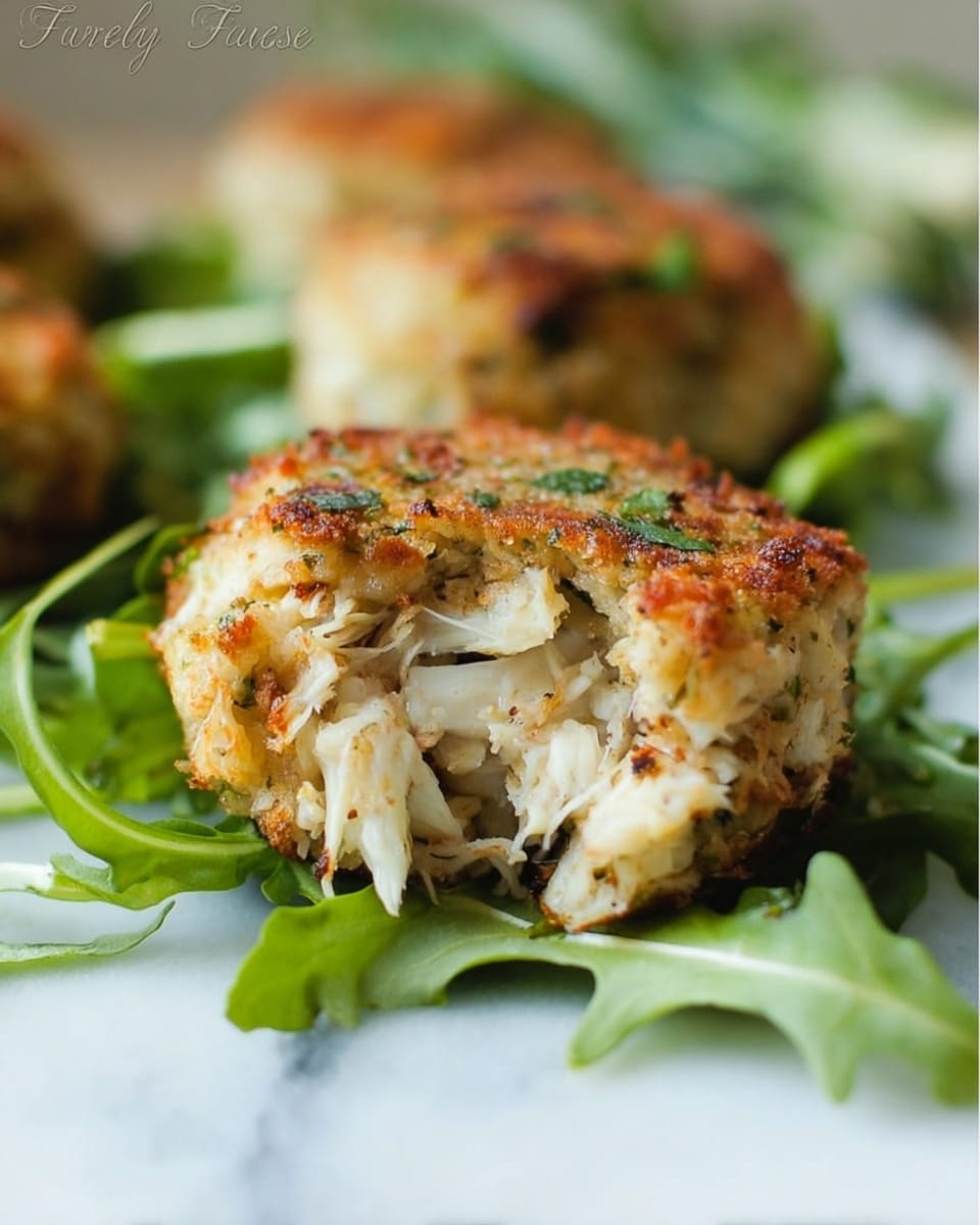 A close-up of a golden-brown crab cake with visible layers showing a crispy crust on the outside and a soft, flaky white crab meat-filled center mixed with light, herb-speckled batter inside. The crab cake sits on a bed of fresh green leafy arugula leaves, all placed on a white marbled surface, creating a fresh and inviting look. Photo taken with an iphone --ar 4:5 --v 7