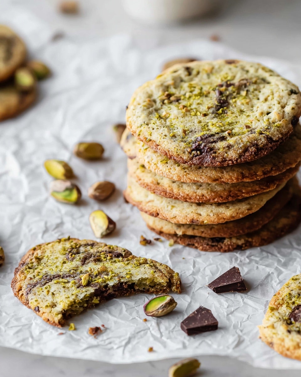 A close-up view of a single round cookie with a visibly soft, slightly chewy texture, showing bits of green pistachio nuts and dark chocolate chunks scattered throughout, resting on crinkled white parchment paper over a white marbled surface; the cookie has a bite taken out from the side, revealing a chewy inside marked with nuts and chocolate, with a few small crumbs and broken pieces nearby, and a stacked pile of similar cookies blurred in the background to the left; the photo has natural soft lighting that highlights the colors and textures of the cookie and nuts. photo taken with an iphone --ar 4:5 --v 7
