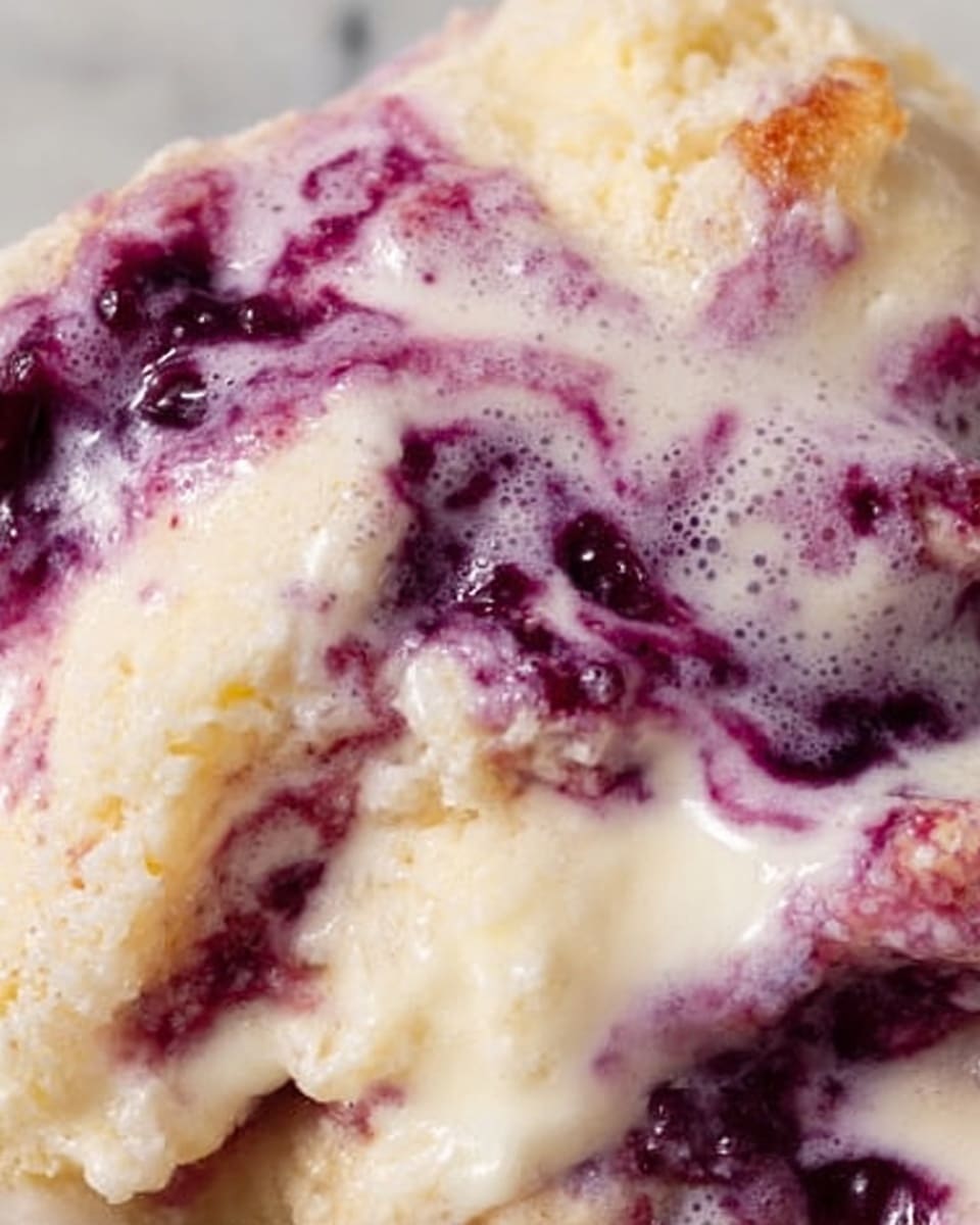 Close-up image of a baked dish with three visible layers. The bottom layer is a slightly browned, soft dough with a light, fluffy texture and granulated sugar sprinkled on top. The middle layer has swirled areas of deep purple, likely a fruity filling, giving a marbled effect with creamy white sauce spread unevenly across it. The top layer shows creamy, foamy bubbles with a light brown toasted color in spots, adding a rich and soft look. The entire dish rests on a white marbled surface. Photo taken with an iphone --ar 4:5 --v 7