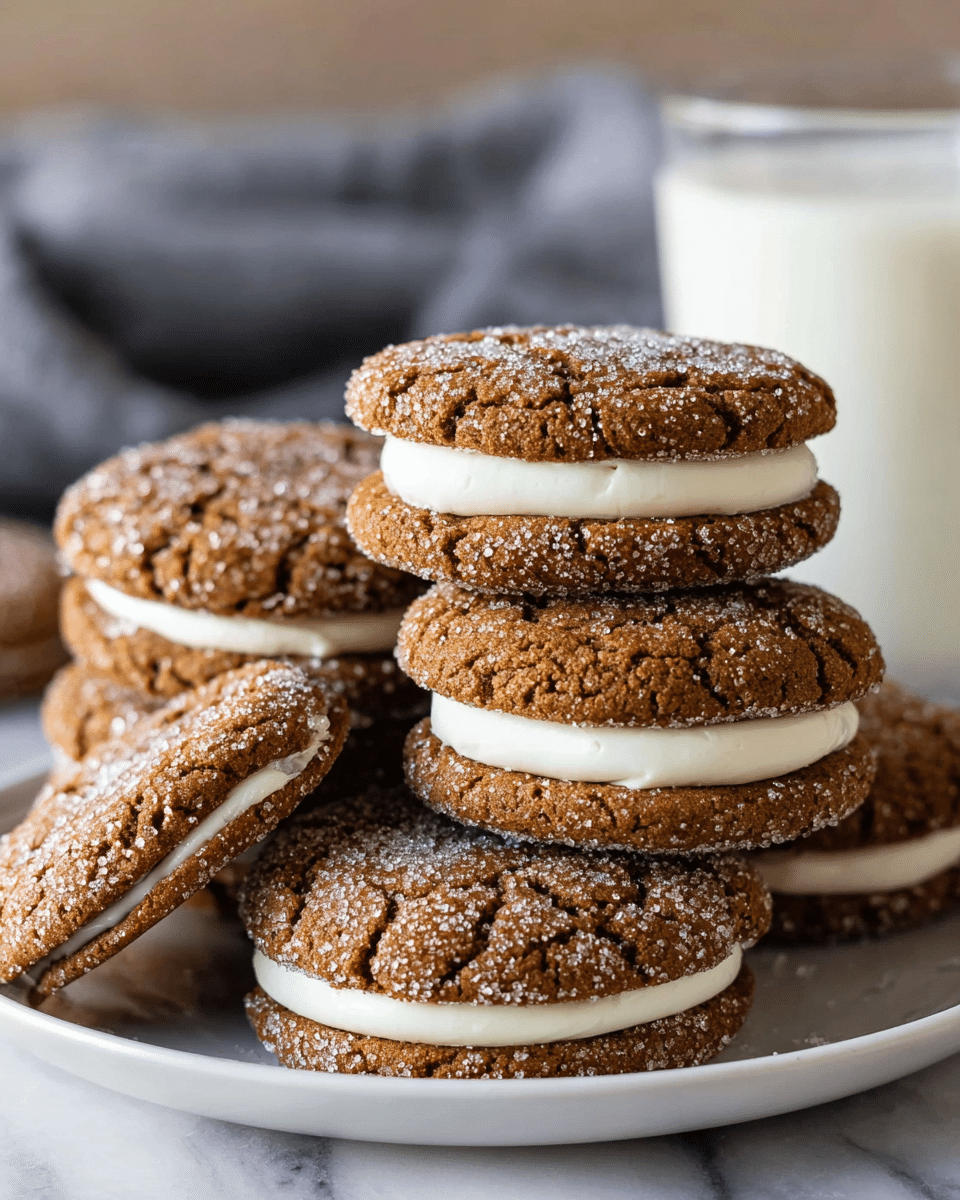 A white plate stacked with multiple sandwich cookies, each cookie having two brown, textured, cracked layers with coarse sugar crystals on top, and a thick, smooth, white cream layer in the middle; the cookies are arranged in a small pile showing their round shape and soft texture. In the background, there is a clear glass filled with white milk, placed on a white marbled surface with a soft, blurred gray cloth behind it, providing a cozy, inviting setting. photo taken with an iphone --ar 4:5 --v 7