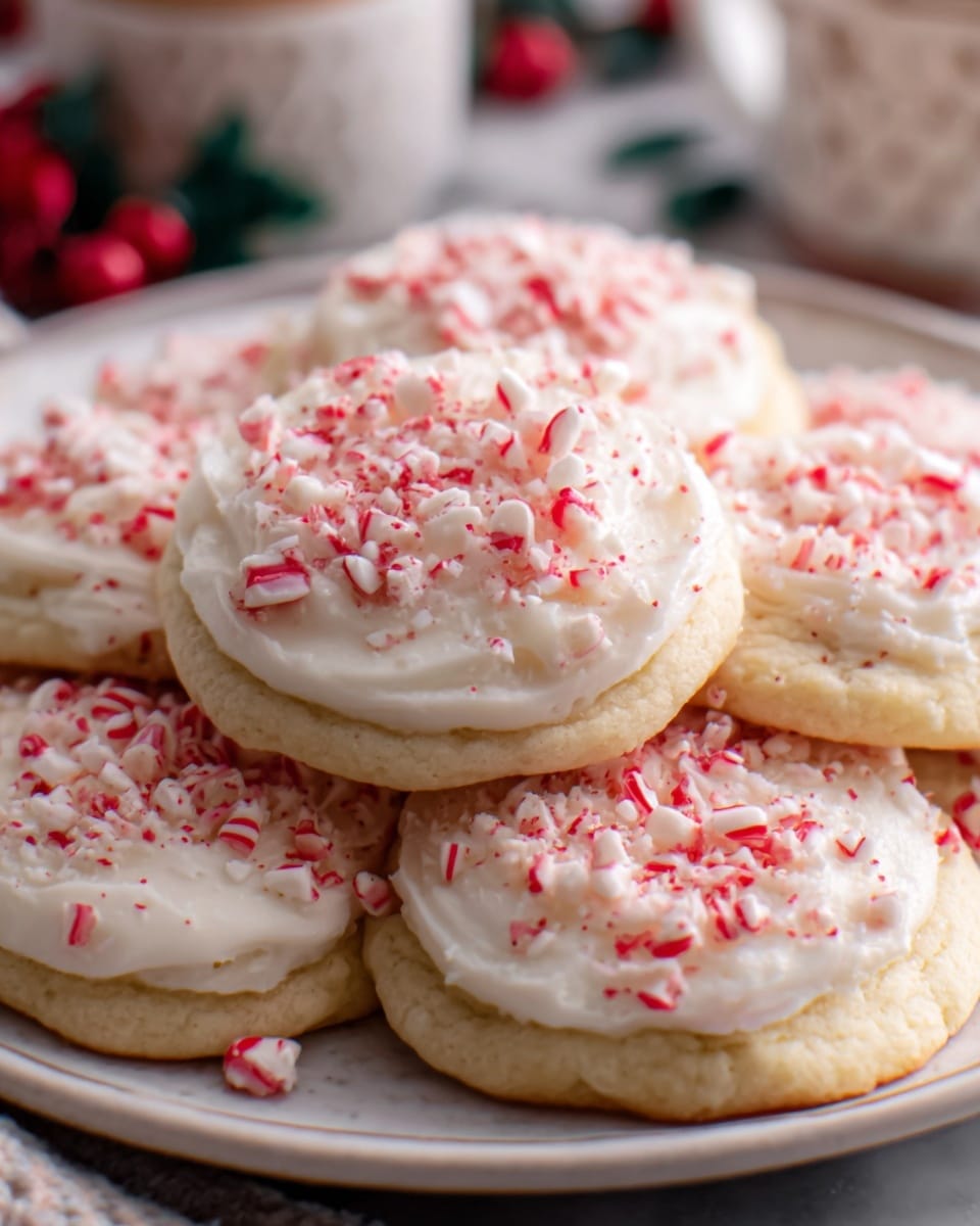 The image shows a pile of soft sugar cookies arranged on a white plate. Each cookie has a thick layer of creamy white frosting spread unevenly on top, with small red and white crushed peppermint pieces sprinkled all over the frosting. The cookies have a light golden-brown edge, and the frosting looks smooth and slightly shiny. The background is a white marbled texture with a blurred red cloth in the distance. Photo taken with an iphone --ar 4:5 --v 7