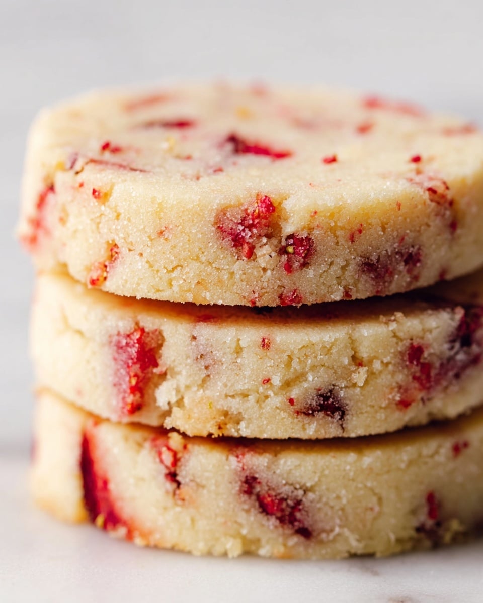 A close-up view of a stack of three thick, round shortbread cookies with visible red berry pieces mixed throughout the pale golden dough. Each cookie shows a crumbly texture with slightly rough edges. The cookies are stacked directly on top of each other, showing the layers clearly in a vertical arrangement. The background is a clean white marbled surface. Photo taken with an iphone --ar 4:5 --v 7
