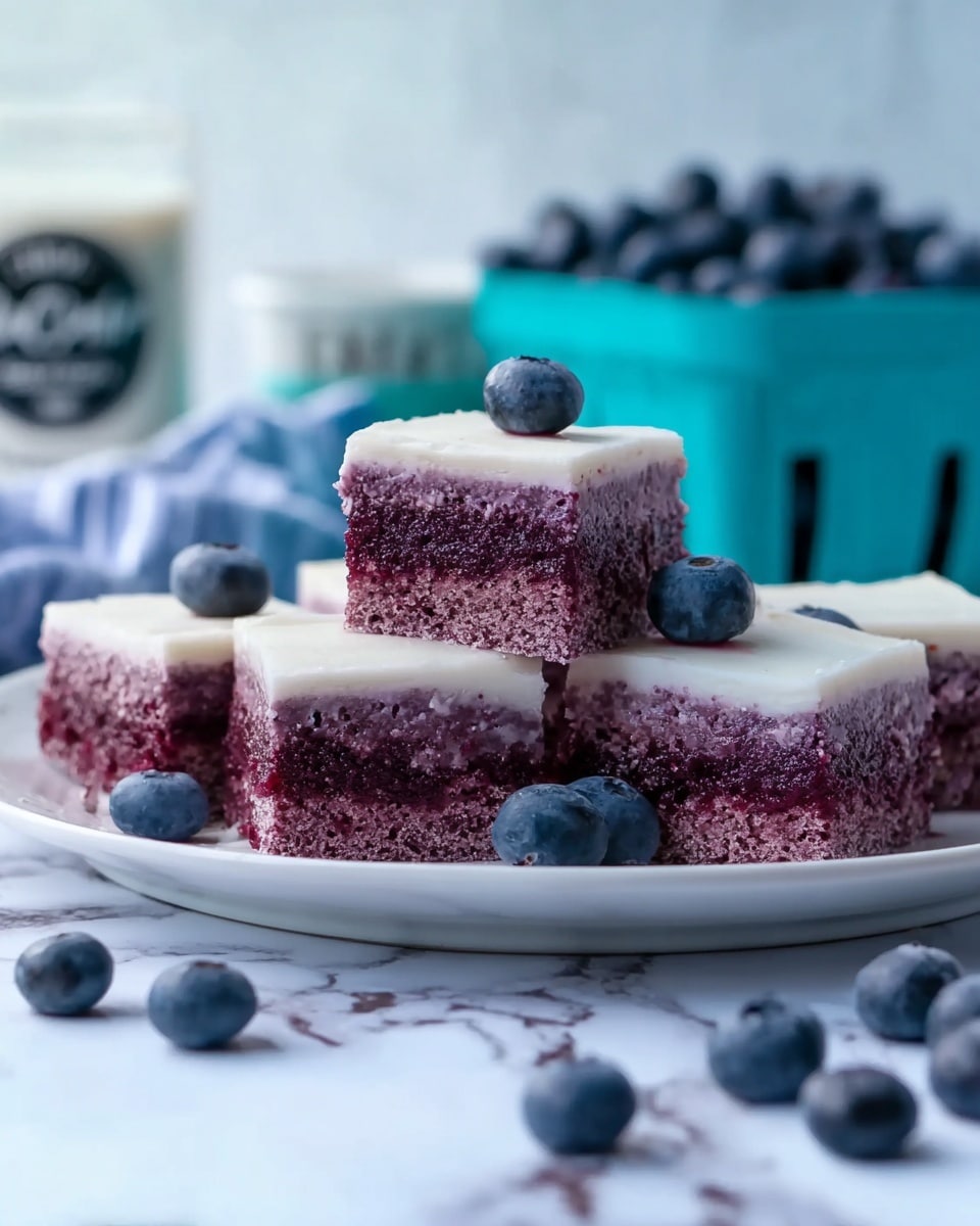 A white plate holds six square pieces of blueberry cake, each with two visible layers: a thick, moist purple cake base and a thin, smooth white icing layer on top. The top cake piece is stacked on three others forming a pyramid shape. Fresh dark blue blueberries are scattered around the plate and on the white marbled surface. In the background, a turquoise basket filled with blueberries and a white jar with faint black writing are softly blurred. The setting is bright with natural light. photo taken with an iphone --ar 4:5 --v 7