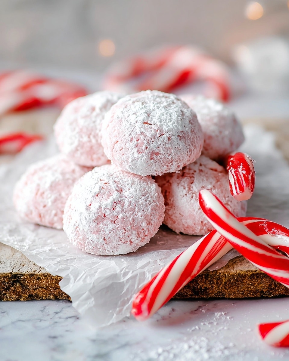 The image shows a stack of round, pink cookies covered heavily with white powdered sugar, giving them a snowy look. The cookies are placed on white parchment paper which lies on a rough textured wooden bark segment. Two small red and white striped candy canes are placed around the cookies, adding a festive touch. The background has a soft, white marbled texture with subtle pink and orange blurred shapes. The whole scene is bright and gives a cozy holiday feel photo taken with an iphone --ar 4:5 --v 7