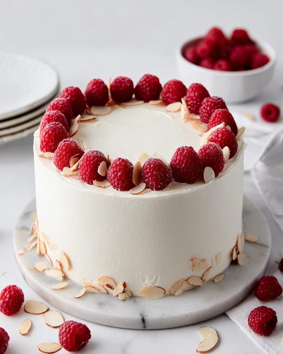 A tall, smooth white frosted cake sits on a white marbled round board, with a neat ring of fresh red raspberries and light tan almond slices arranged evenly around the top edge, leaving the center of the top clear and creamy white. The cake’s sides are clean and even, and a few raspberries and almond slices are scattered on the white marbled surface around the cake. In the background, there are white stacked plates on the left and a white bowl filled with raspberries on the right. Photo taken with an iphone --ar 4:5 --v 7