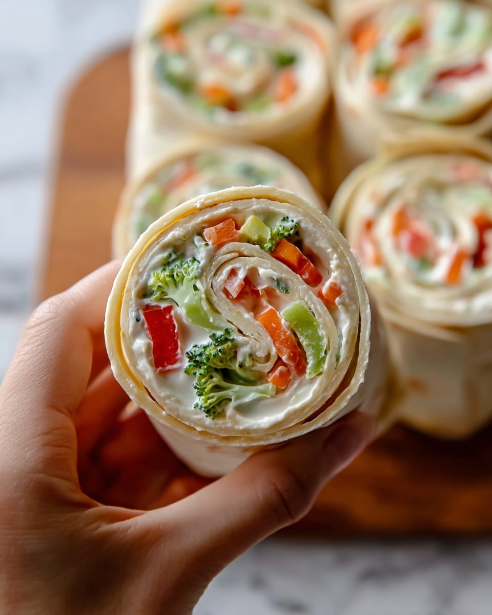 A close-up photo of a vegetable pinwheel held between the thumb and fingers of a woman's hand. The pinwheel has several layers starting with a light beige tortilla wrapped around a creamy white spread with visible specks of black pepper. Inside the swirl, there are bright orange carrot sticks, small green broccoli florets, and red bell pepper strips, all mixed with the creamy spread. In the background, more pinwheels with similar layers and colors are placed on a wooden board, set on a white marbled surface. photo taken with an iphone --ar 4:5 --v 7