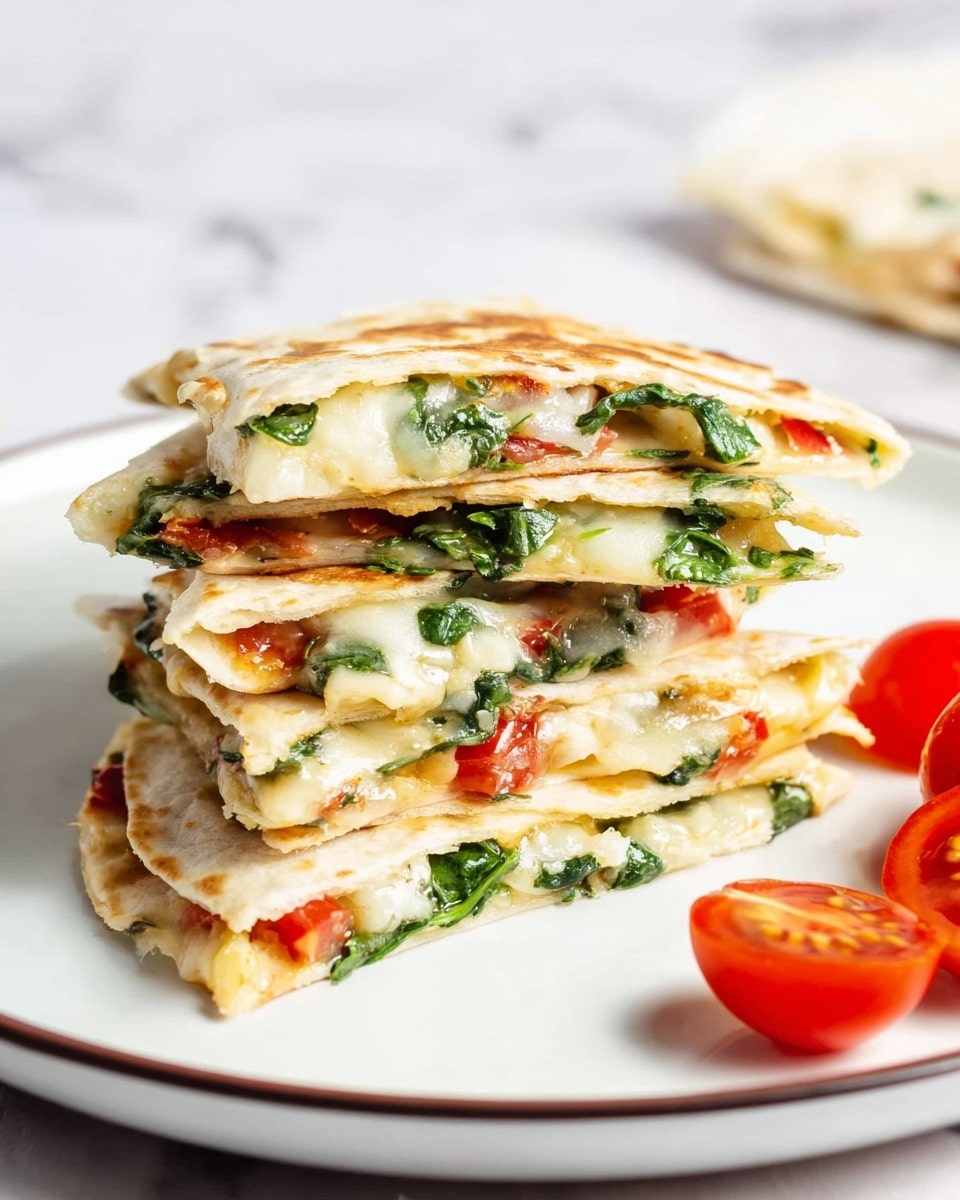 A stack of four quesadilla slices arranged neatly on a white plate with a thin dark rim. Each slice shows a golden-brown crispy tortilla on the outside, with visible filling layers of white melted cheese, fresh green spinach leaves, and small pieces of red tomato inside. The quesadilla edges are slightly browned, adding texture contrast. Next to the stack, there are two small cherry tomatoes, one whole and one cut in half exposing its juicy red interior. The plate sits on a white marbled surface with a blurred background that includes a hint of orange sauce in a dish behind the quesadilla. photo taken with an iphone --ar 4:5 --v 7