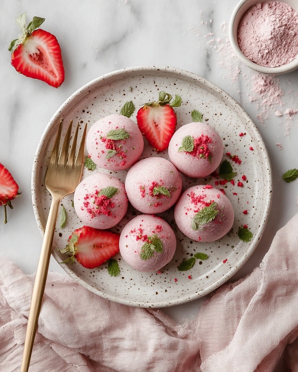 The image shows a round white speckled plate holding six round pink balls with a smooth texture, each topped with small green leaves and pink crumbles. On the plate, there are also a few fresh halved strawberries with bright red color and green tops. A gold fork lies inside the plate to the left. Around the plate, pink powder and green leaves are scattered lightly on a white marbled surface, next to a small white bowl with pink powder and a light pink cloth. Photo taken with an iphone --ar 4:5 --v 7