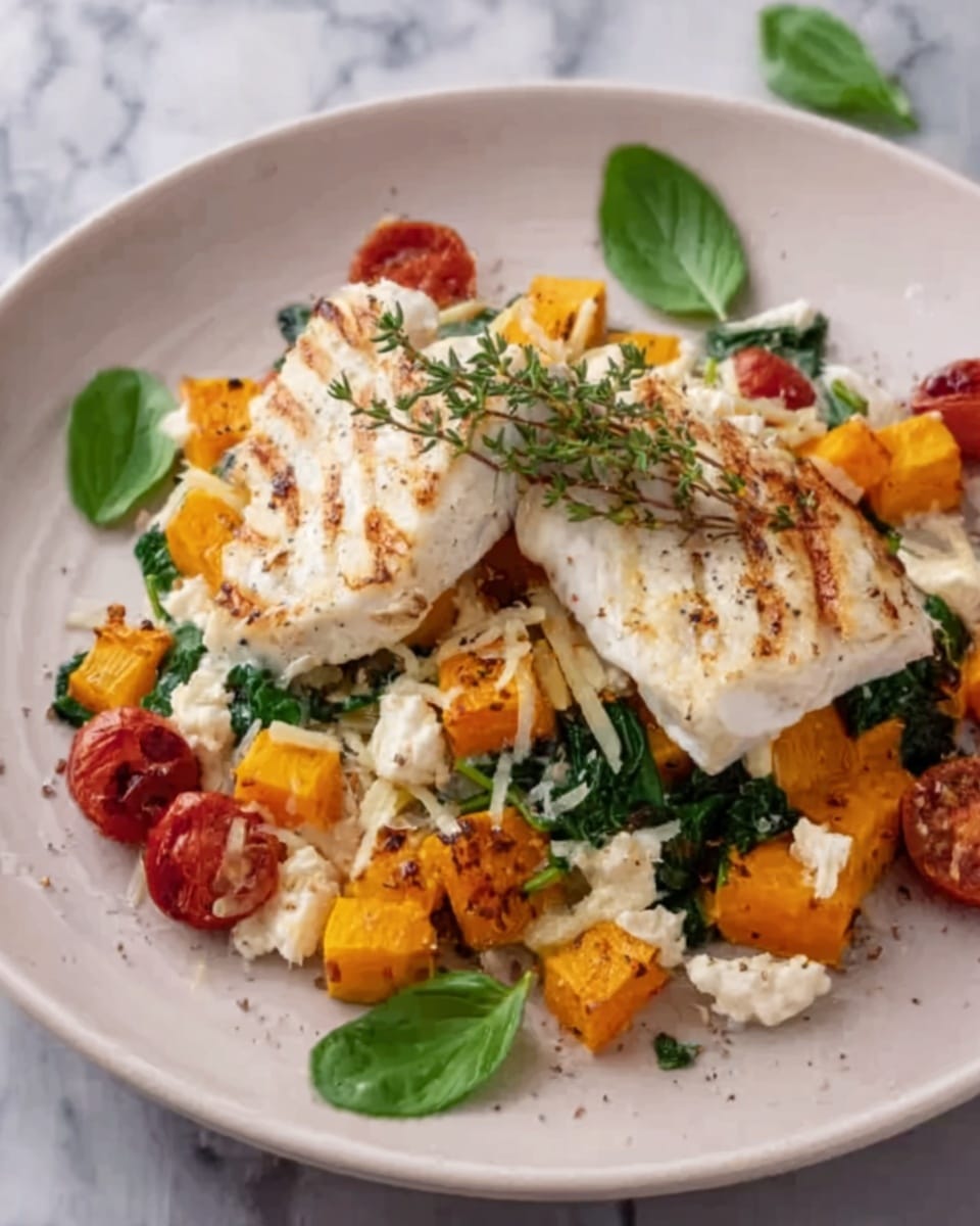 The dish shows a thick, grilled piece of white fish placed on top of a creamy bed of risotto with visible grains and a smooth texture. Around the risotto, there are bright orange chunks of roasted butternut squash and halved red cherry tomatoes with a slightly roasted appearance. Small green spinach leaves are mixed into the risotto, and fresh green herbs, including sprigs of thyme, rest on top of the fish. The food is served on a white plate set against a white marbled surface. The overall color palette combines white, orange, red, and green, with a soft and appetizing look. photo taken with an iphone --ar 4:5 --v 7