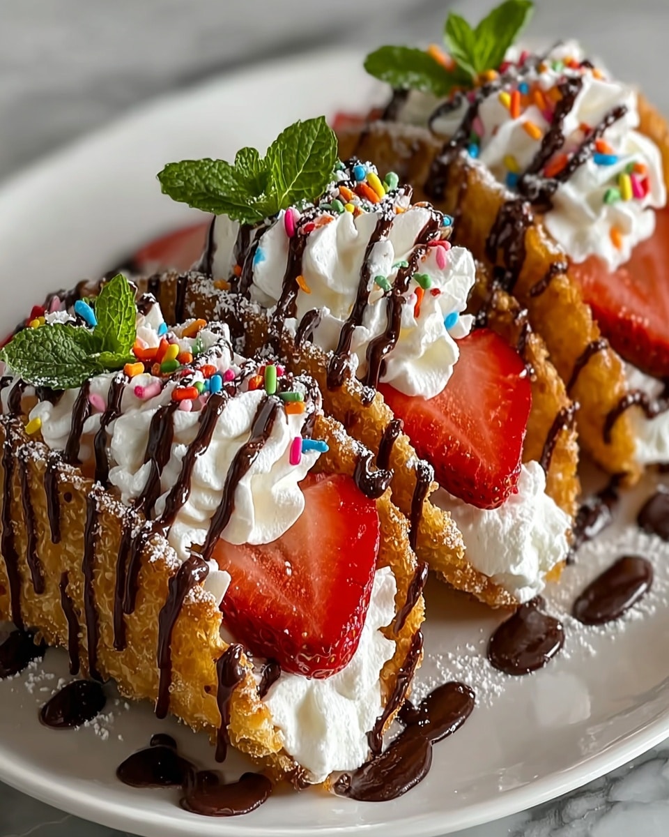 Three crispy golden tacos stand side by side on a white plate, each taco shell filled with a thick layer of white whipped cream at the bottom, topped with bright red sliced strawberries. Over the strawberries, there is more whipped cream, drizzled with dark, glossy chocolate sauce that runs down the sides. Each taco is crowned with a swirl of whipped cream, decorated with small, colorful round sprinkles and a fresh green mint leaf on top. A light dusting of powdered sugar covers the tacos and plate, and some chocolate sauce pools gently on the plate beneath. The plate sits on a white marbled surface. photo taken with an iphone --ar 4:5 --v 7