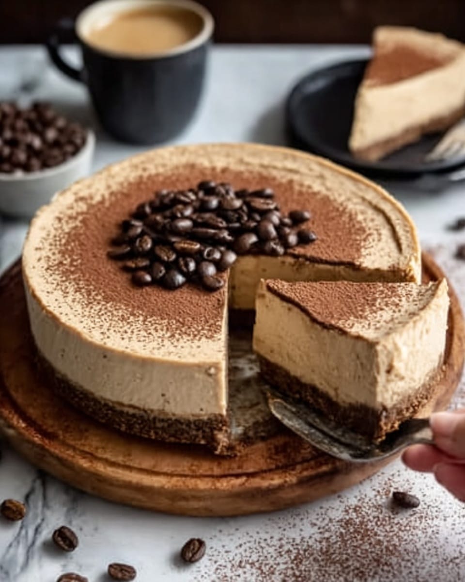 The image shows a creamy, light brown coffee-flavored cheesecake on a round wooden board, with one slice cut out revealing a smooth, dense texture. The top layer is dusted with cocoa powder and garnished with a small pile of dark roasted coffee beans in the center. The cheesecake crust is dark brown and firm, contrasting with the lighter creamy filling. In the background, there is a cup of coffee and a small bowl of coffee beans, all set on a white marbled surface. A fork lies next to the cake slice, enhancing the inviting look. photo taken with an iphone --ar 4:5 --v 7