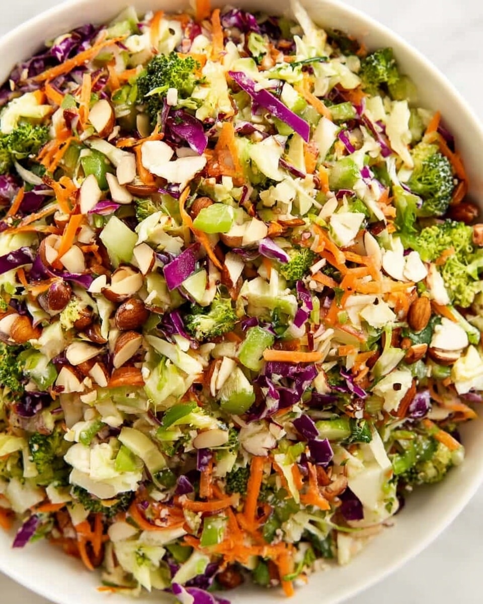 A close-up view of a colorful mixed vegetable salad in a white bowl, featuring chopped green broccoli pieces, bright orange carrot shreds, crunchy almond chunks, small bits of purple cabbage, light green celery slices, and scattered sunflower seeds. The salad has a fresh and vibrant look with a variety of textures from soft to crunchy, all sitting on a white marbled surface. photo taken with an iphone --ar 4:5 --v 7