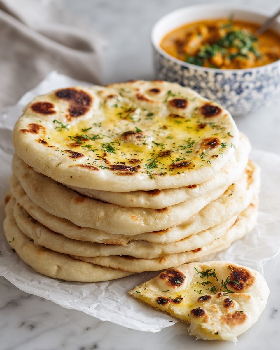 A stack of seven round flatbreads with a light golden brown and slightly charred surface is placed on white parchment paper. The top flatbread has small green herb leaves scattered with a shiny yellow layer of melted butter or oil. One piece is torn off and set in front of the stack, showing the soft, fluffy texture inside. In the background, there is a white bowl with blue patterns filled with orange curry or stew, garnished with green herbs. The entire scene is set on a white marbled surface. photo taken with an iphone --ar 4:5 --v 7