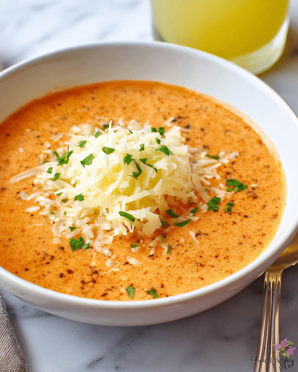 A white bowl filled with creamy orange soup with a smooth texture and small black specks, topped with a mound of finely shredded pale yellow cheese in the center, scattered with small bright green herb leaves. A silver spoon is partially visible on the right side inside the bowl. The bowl is placed on a white marbled texture surface. photo taken with an iphone --ar 4:5 --v 7