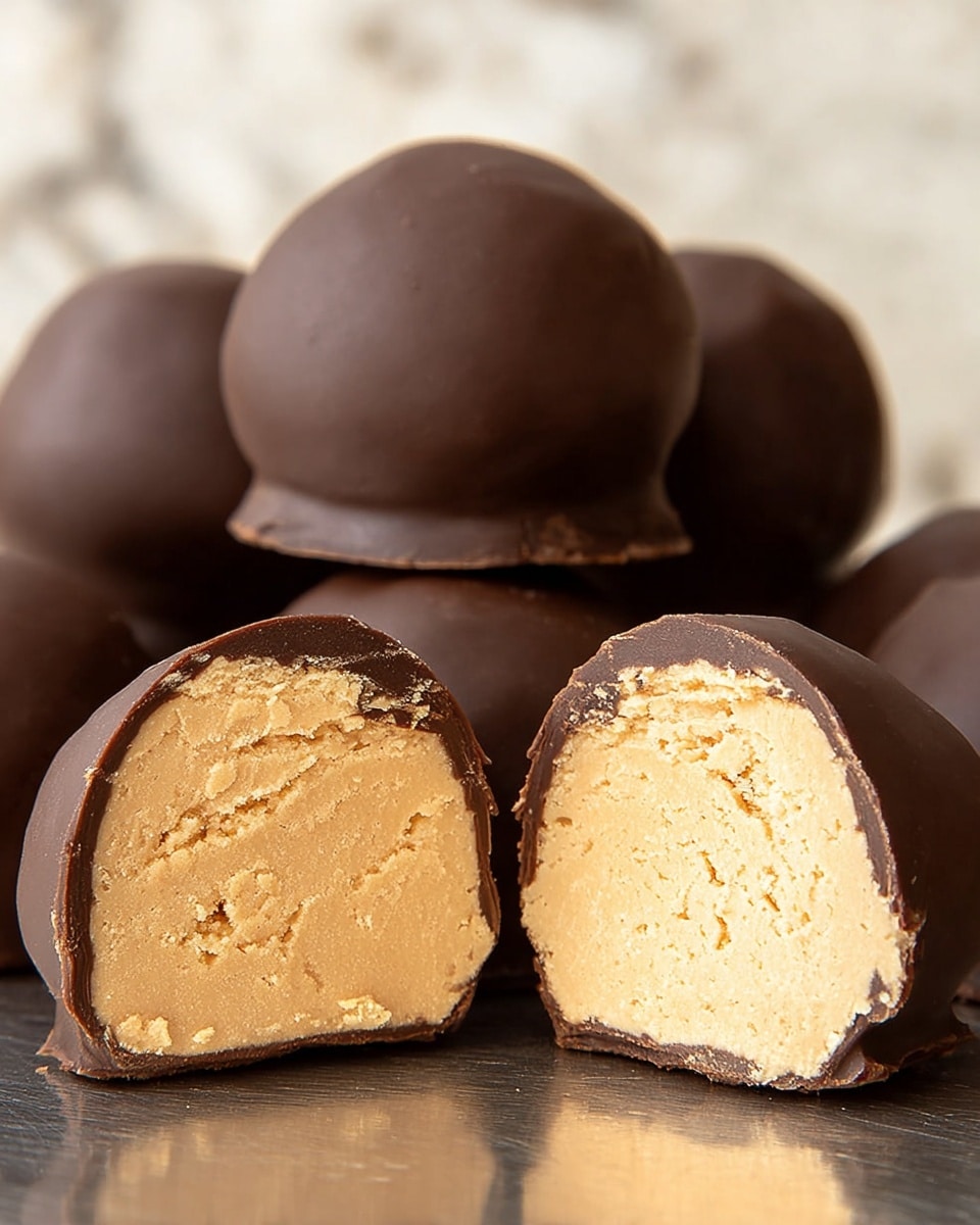 The image shows smooth, round chocolate-covered peanut butter balls arranged closely on a white marbled surface, with two balls cut in half and stacked in the center front. Each treat has one outer layer of glossy dark brown chocolate coating that looks thin and smooth. Inside, there is one thick layer of dense, creamy, light tan peanut butter filling with a soft texture and a few small air pockets. The shallow depth of field focuses on the front cut pieces while the background treats blur gently. Photo taken with an iphone --ar 4:5 --v 7