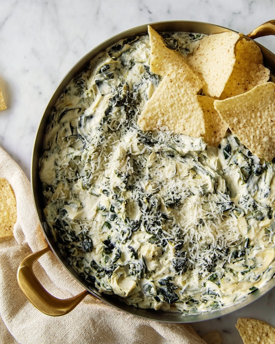 A round pan with brass handles holds a creamy dip filled with layers of white melted cheese mixed with green spinach and chunks of pale artichoke hearts, creating a thick textured surface. On the top, there are three light golden brown tortilla chips partially dipped into the creamy mixture. The pan sits on a white marbled surface with a soft beige linen cloth beside it. photo taken with an iphone --ar 4:5 --v 7