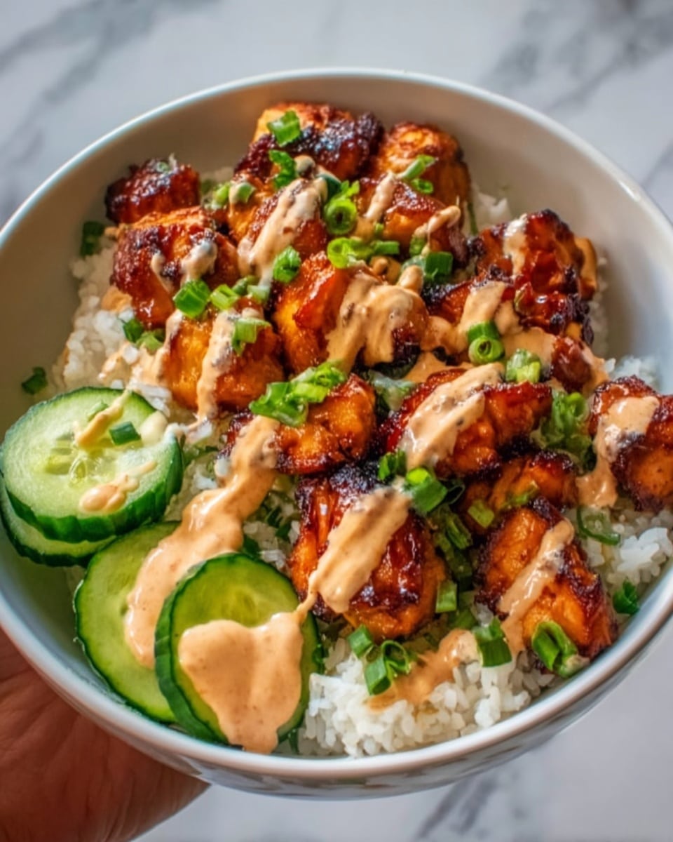 The image shows a white bowl filled with a bed of white rice at the bottom, topped with a layer of cubed, grilled chicken pieces glazed in a shiny orange-brown sauce. On top of the chicken, there is a drizzle of creamy light beige sauce and small green chopped herbs scattered over. To one side of the bowl, there is a layer of fresh green cucumber slices with a crisp texture. The bowl is placed on a white marbled surface. Photo taken with an iphone --ar 4:5 --v 7