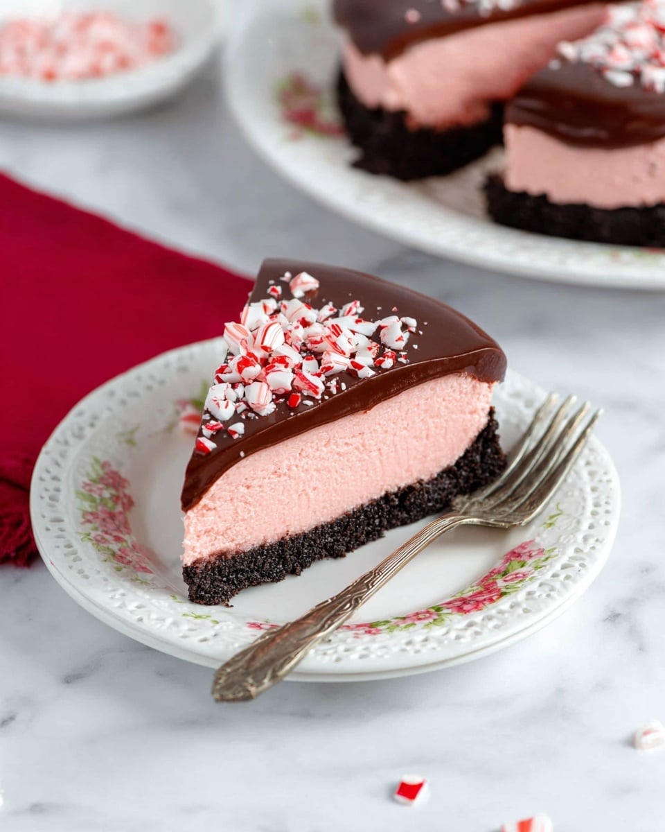 A slice of dessert with three layers sits on a white plate with delicate cut-out edges; the bottom layer is a dark chocolate crumb base with a rough texture, the middle layer is a thick, smooth pink mousse, and the top layer is a shiny dark chocolate ganache sprinkled with small pieces of crushed red and white candy canes; in the background, there is a partially visible whole dessert and another slice on a white plate with floral patterns, all placed on a white marbled surface with a red cloth nearby, and a silver fork lies next to the front plate. photo taken with an iphone --ar 4:5 --v 7