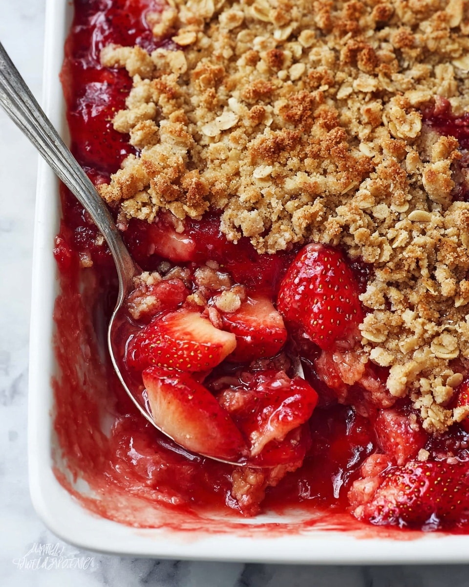 The dish shows a close-up of a baked strawberry crumble in a white rectangular ceramic dish with blue handles. The crumble has two main layers: the bottom layer is bright red, juicy, and chunky cooked strawberries with a syrupy texture, while the top layer is a golden-brown oat crumble that looks crunchy and crumbly with visible oats sprinkled evenly. A silver spoon is scooping into the dish, revealing the mix of red strawberries and golden crumble on the spoon. The dish is set on a surface with a white marbled texture. photo taken with an iphone --ar 4:5 --v 7