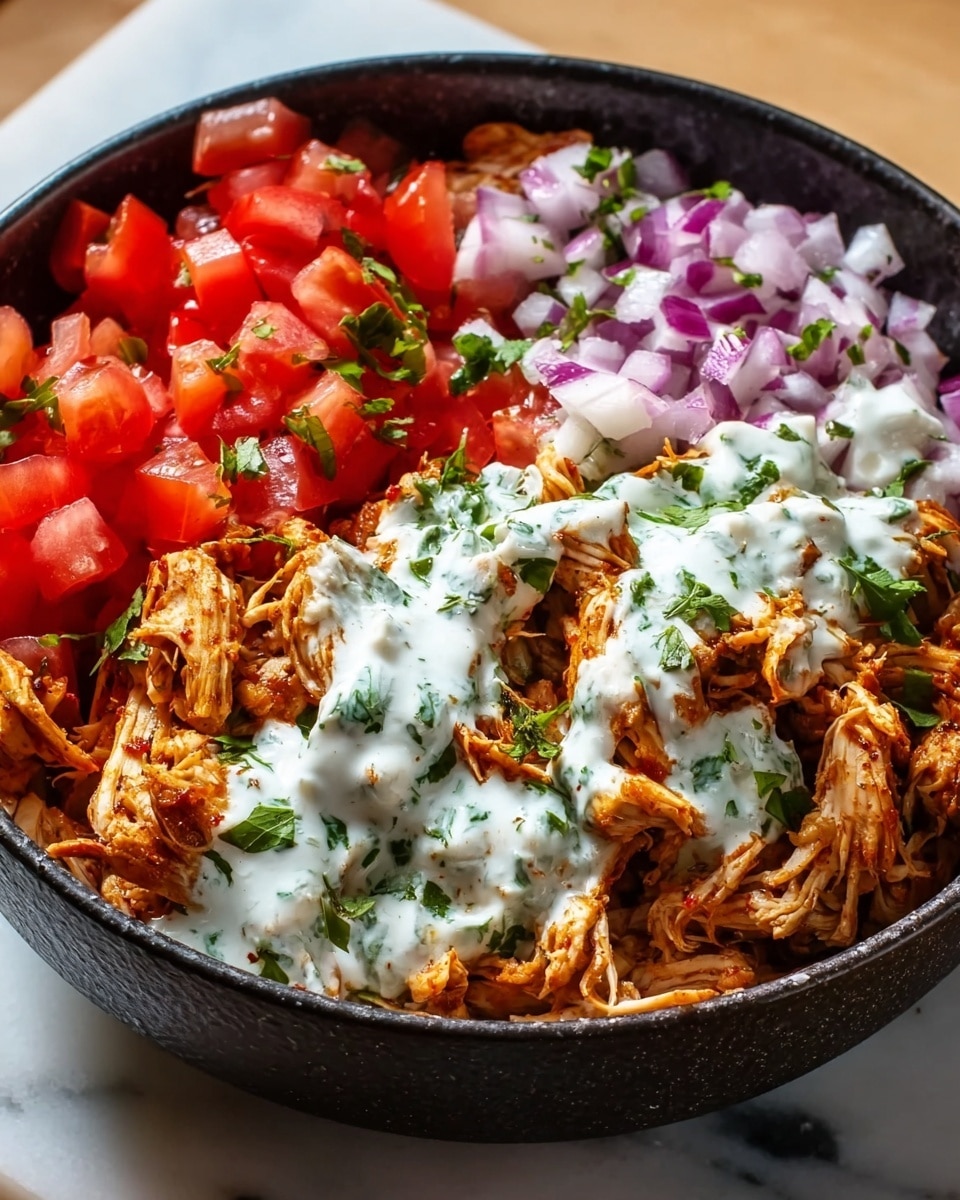A white bowl filled with three main sections: the first section has finely chopped red onions with small green herb sprinkles, the second section contains diced bright red tomatoes, and the third section has shredded, grilled chicken pieces with a reddish-brown seasoning. A creamy white sauce with green herbs is drizzled over the center of the chicken, and additional chopped green herbs are scattered on top. The bowl is placed on a white marbled surface photo taken with an iphone --ar 4:5 --v 7