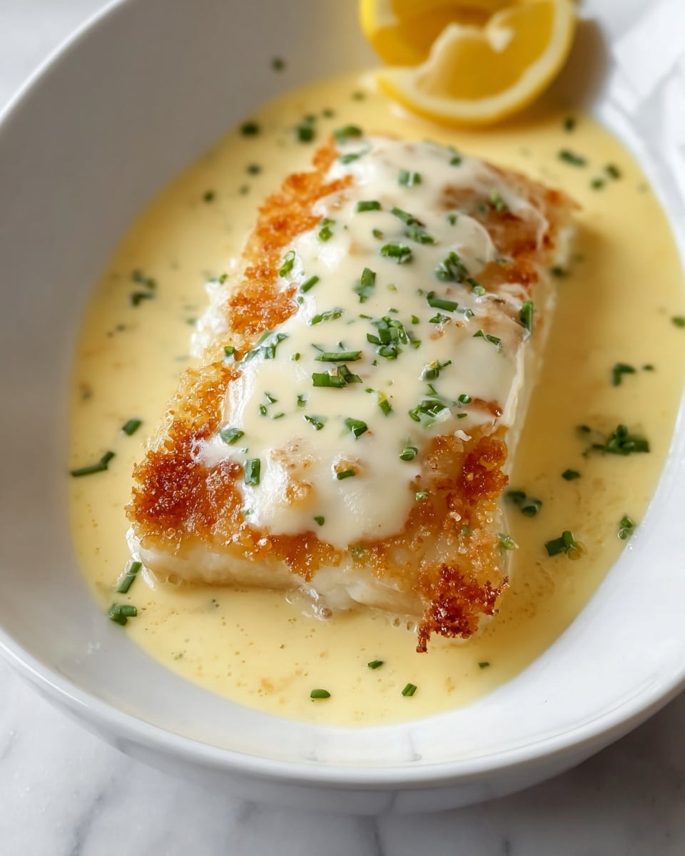 A thick white fish fillet with a crispy golden brown crust sits in the middle of a white dish, covered with a smooth creamy white sauce that pools around the bottom edges. Bright green chopped herbs are sprinkled on top, adding contrast to the light creamy sauce. In the background, a yellow lemon slice is partly visible, slightly blurred, resting on a white marbled surface. photo taken with an iphone --ar 4:5 --v 7