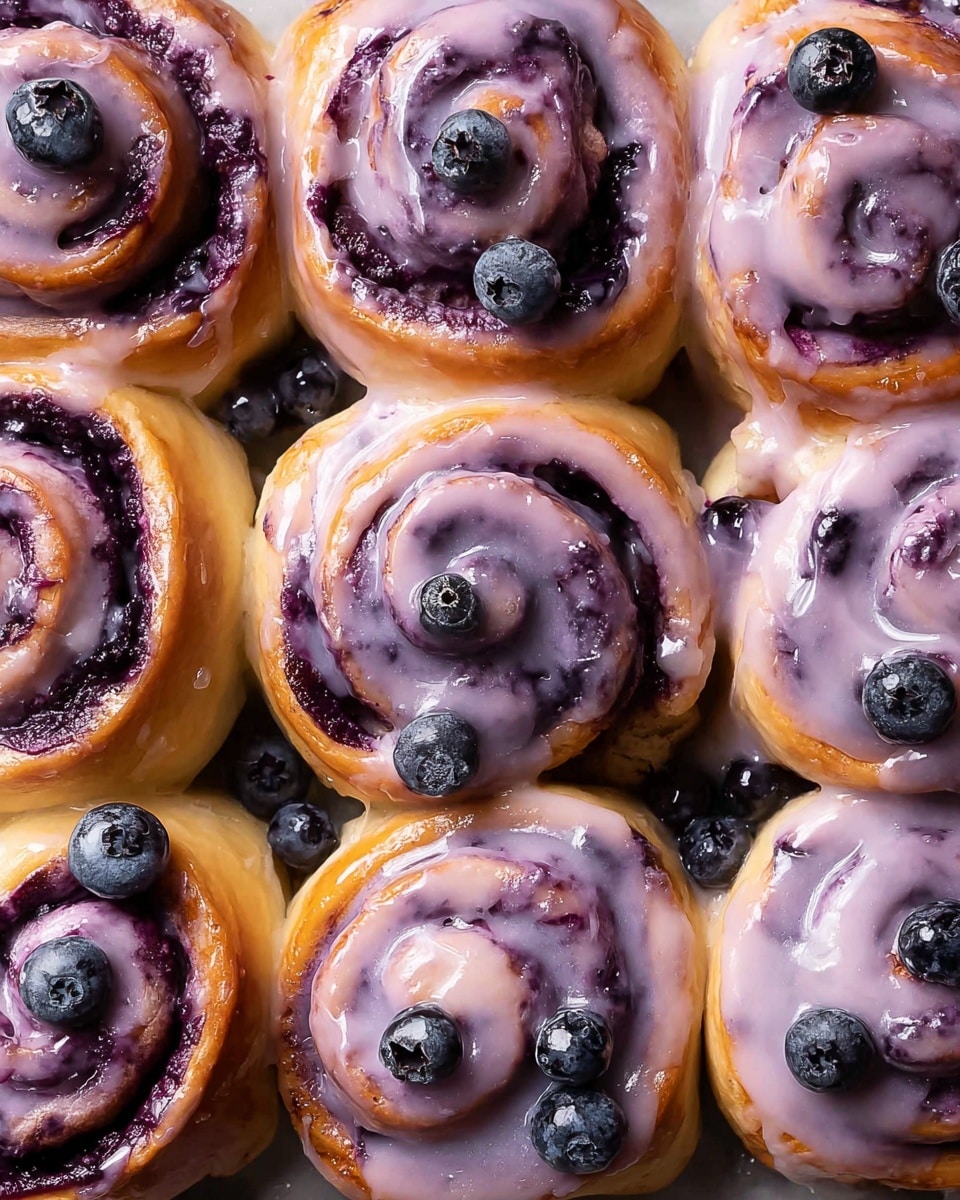 Nine blueberry cinnamon rolls are closely placed together in a white dish, each roll showing a soft and golden-brown dough base with dark purple blueberry filling spiraled inside. A smooth, light purple icing, thick and glossy, covers the top of all rolls unevenly, dripping slightly down the sides. Fresh blueberries are scattered on top of the icing, adding small pops of deep blue color and a juicy texture. The whole scene rests on a white marbled texture background, highlighting the sweet, creamy, and fruity layers of the rolls. photo taken with an iphone --ar 4:5 --v 7