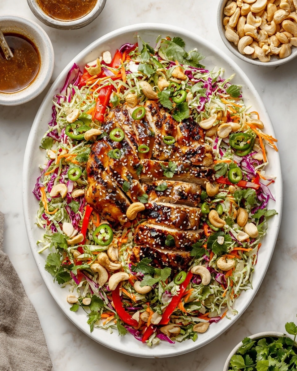 A white oval plate holds a colorful dish with two layers: the bottom layer is a mix of shredded purple and green cabbage, thin carrot strips, and red bell peppers, all mixed with sliced green onions, chopped cilantro, sliced jalapeño, and whole almonds and cashews scattered on top. The top layer features two long pieces of grilled chicken breast sliced and arranged in the center, glazed with a shiny dark sauce and sprinkled with white sesame seeds and chopped green onions. Two silver spoons are placed on the right side of the plate, and the background is a white marbled surface with small bowls of cashews and almonds, scattered sesame seeds, and some fresh cilantro leaves. Photo taken with an iphone --ar 4:5 --v 7