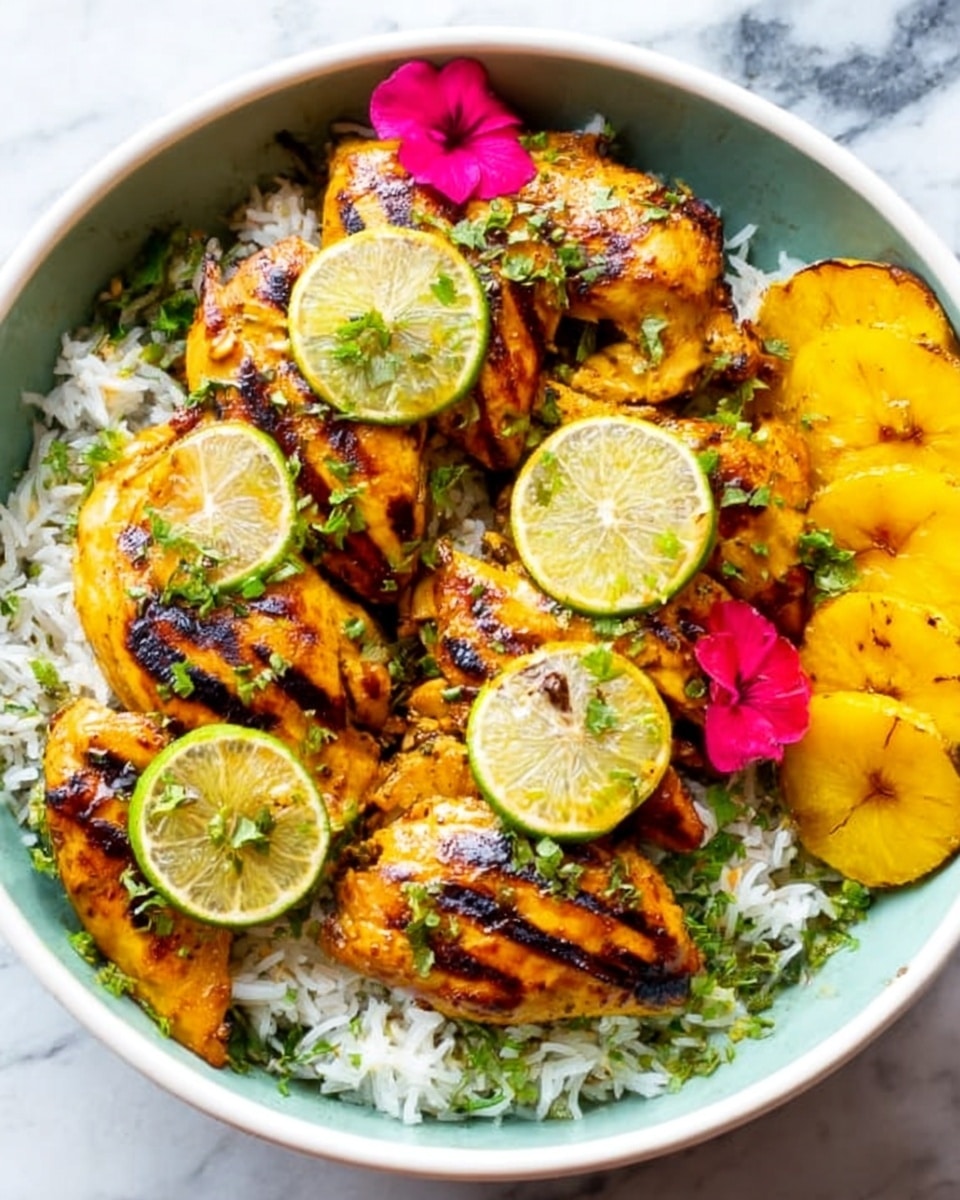 The dish shows three grilled chicken breasts placed on a bed of white rice in a white bowl. Each chicken breast is sliced and has a golden-brown color with grill marks on top. There are thin slices of green lime placed over the chicken breasts. Around the chicken and rice, there are pieces of yellow grilled pineapple with grill lines, and fresh green herbs scattered on top. A small bright pink edible flower adds a pop of color among the green herbs. The bowl is set on a white marbled surface. Photo taken with an iphone --ar 4:5 --v 7