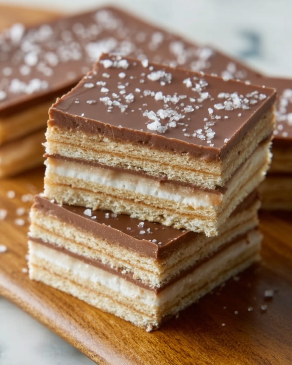 The image shows a close-up of two square layered dessert pieces placed on a wooden board over a white marbled surface. Each dessert has five thin layers of light brown biscuit or cake, alternating with four thinner layers of creamy white filling. The top layer is smooth milk chocolate with a few coarse salt flakes sprinkled on it, giving it texture and contrast. The edges are clean and even, highlighting the precise layering. Photo taken with an iphone --ar 4:5 --v 7