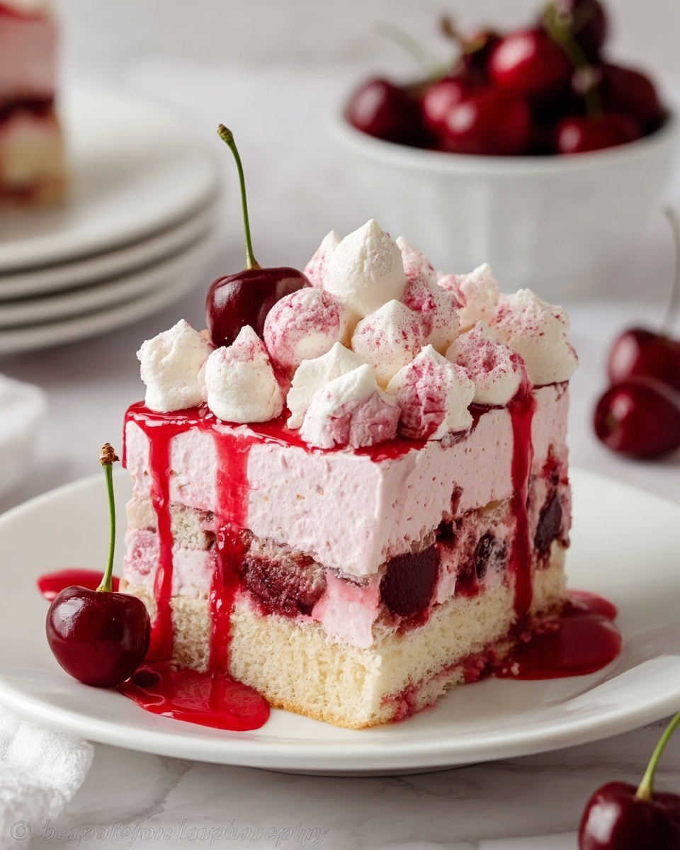 A square slice of cherry-flavored layered dessert on a white plate sits on a white marbled table. The dessert has four layers: the bottom and third layers are light beige sponge cake soaked in dark red cherry syrup, the second layer is light pink creamy mousse, and the top layer is white whipped cream dollops with a drizzle of vibrant red cherry sauce that drips down the sides. Around the plate and table are fresh dark red cherries, with a white bowl filled with cherries blurred in the background. Photo taken with an iphone --ar 4:5 --v 7