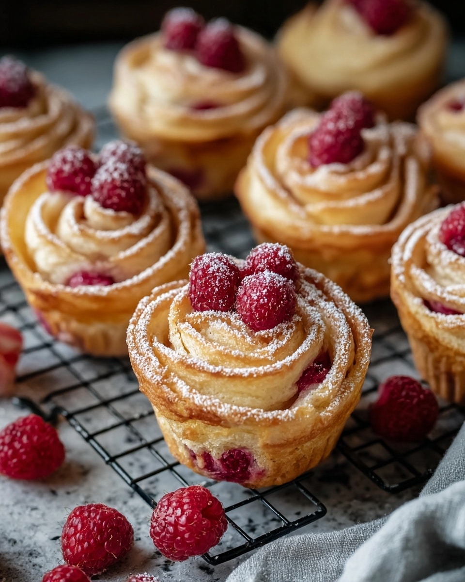 The image shows several golden-brown pastries shaped like roses with delicate, thin layers of dough spiraled upwards forming a flower petal effect. Each pastry is decorated with two or one bright red raspberries nestled in the center, adding a fresh and juicy contrast. The pastries have a light dusting of white powdered sugar, giving a soft snowy touch on top. The bases of the pastries are thicker and more solid, with a baked texture, and they sit on a black cooling rack over a surface with a white marbled texture. Scattered fresh raspberries add color and complement the pastries. There is a gray cloth visible at the bottom edge of the image. Photo taken with an iphone --ar 4:5 --v 7