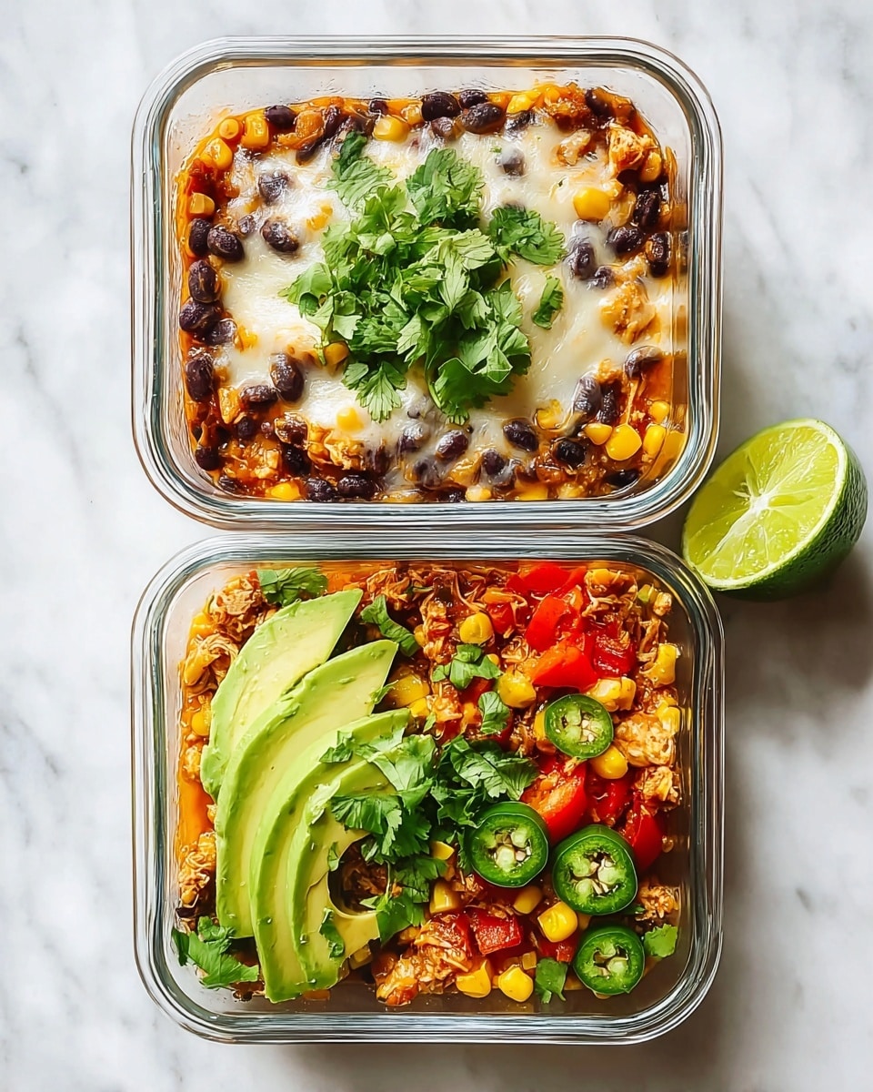 The image shows two glass containers filled with a colorful layered dish placed on a white marbled surface. The top layer in each container is decorated with bright green pieces of avocado and fresh sprigs of green cilantro. Both dishes have visible layers of black beans, yellow corn, and red bell pepper chunks mixed with a creamy, light orange sauce that likely includes shredded chicken under the toppings. One container has a melted layer of cheese on top, partially covering the bean and corn mix, while the other container has no melted cheese, showing the full mix of ingredients. To the right of the containers lies a bright green lime wedge. Photo taken with an iphone --ar 4:5 --v 7
