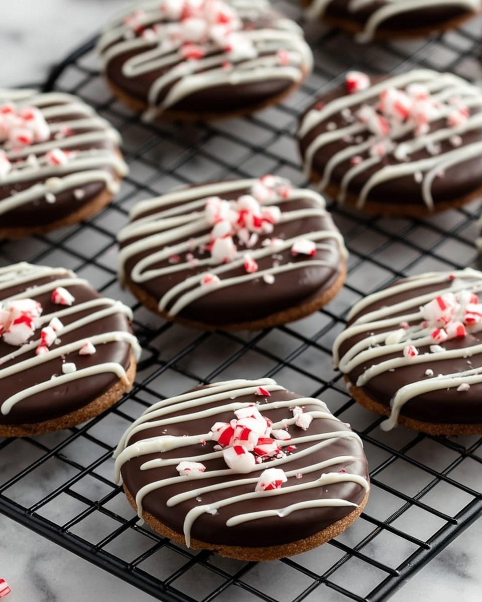 The image shows round chocolate-covered cookies arranged on a black cooling rack set against a white marbled surface. Each cookie has a thick, smooth layer of dark chocolate coating, topped with thin diagonal white icing stripes evenly spaced across the surface. At the center of each cookie, there are small clusters of crushed red and white peppermint pieces adding texture and color contrast to the dark chocolate. The cookies appear uniform in size with a slightly raised edge from the chocolate layer, making the toppings stand out. photo taken with an iphone --ar 4:5 --v 7