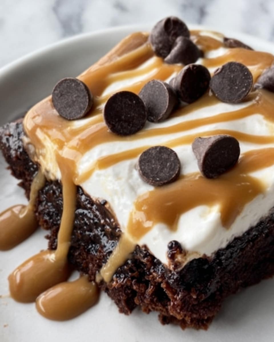 The image shows a close-up of a dark brown chocolate brownie with a moist and slightly crumbly texture. On top of the brownie, there is a dollop of white cream, smooth and soft, partly covered by a creamy light brown peanut butter drizzle, spread unevenly over the surface. Scattered on the brownie and cream are several large dark brown chocolate chips with a shiny, smooth texture. The dessert rests on a white plate, placed on a white marbled surface. Photo taken with an iphone --ar 4:5 --v 7