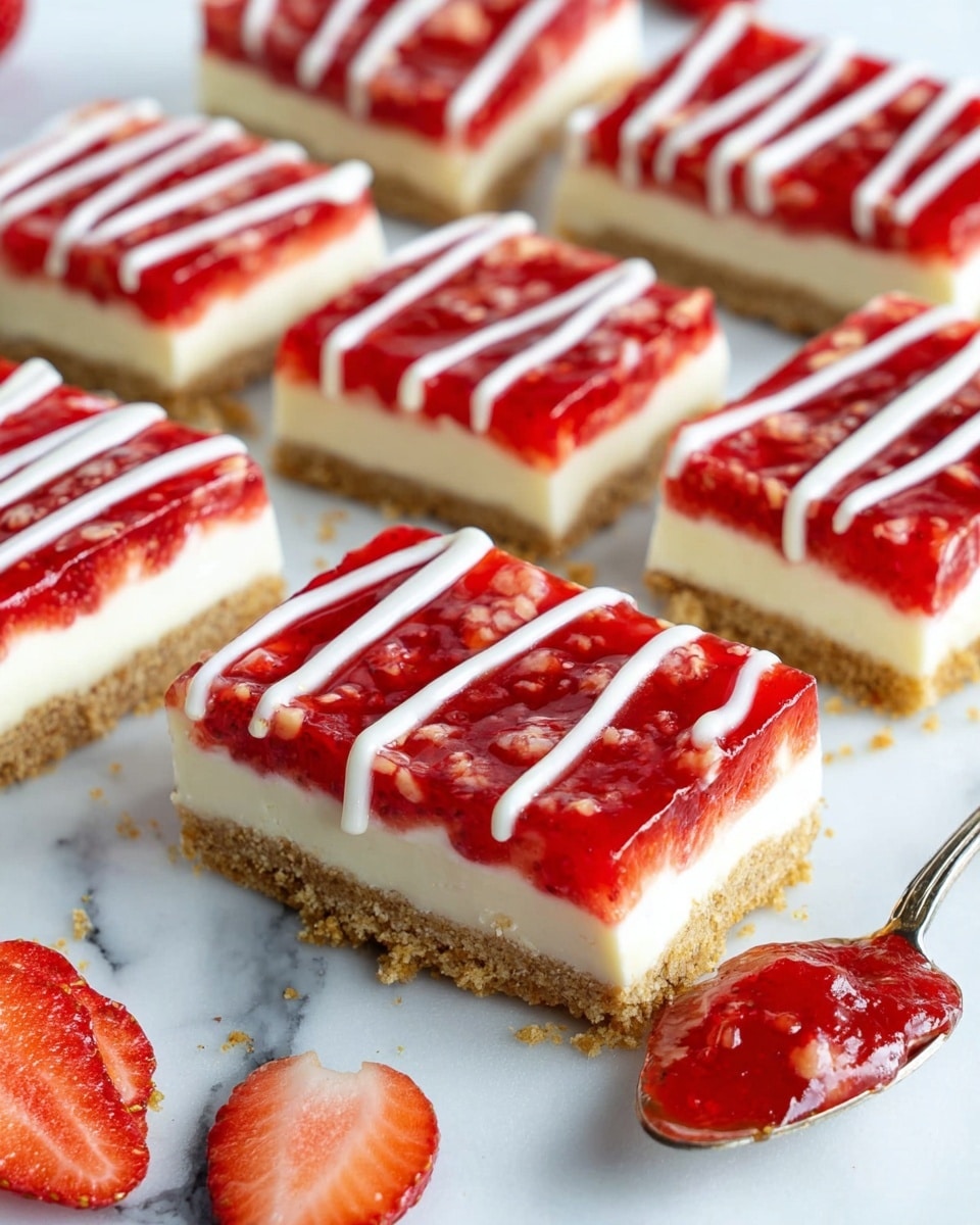 The image shows rectangular cheesecake bars arranged on a white marbled surface. Each bar has three visible layers: a crumbly golden-brown crust at the bottom, a thick creamy white cheesecake layer in the middle, and a shiny bright red strawberry topping with whole strawberries embedded. Thin white drizzles run evenly across the top of each bar. Next to the bars, there is a spoon with extra strawberry topping and a halved strawberry placed near the bottom edge. Photo taken with an iphone --ar 4:5 --v 7