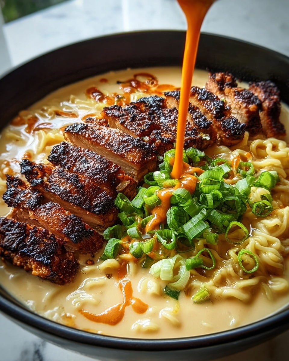 A bowl with creamy light beige soup forms the base filled with wavy yellow noodles. On top, there are thick slices of grilled chicken with a dark brown, almost charred crust, arranged in a line near the bowl's edge. In the center, there is a pile of bright green chopped scallions mixed with some sesame seeds. Thin streams of dark reddish sauce are dripping onto the chicken. The bowl sits on a white marbled surface. Photo taken with an iphone --ar 4:5 --v 7