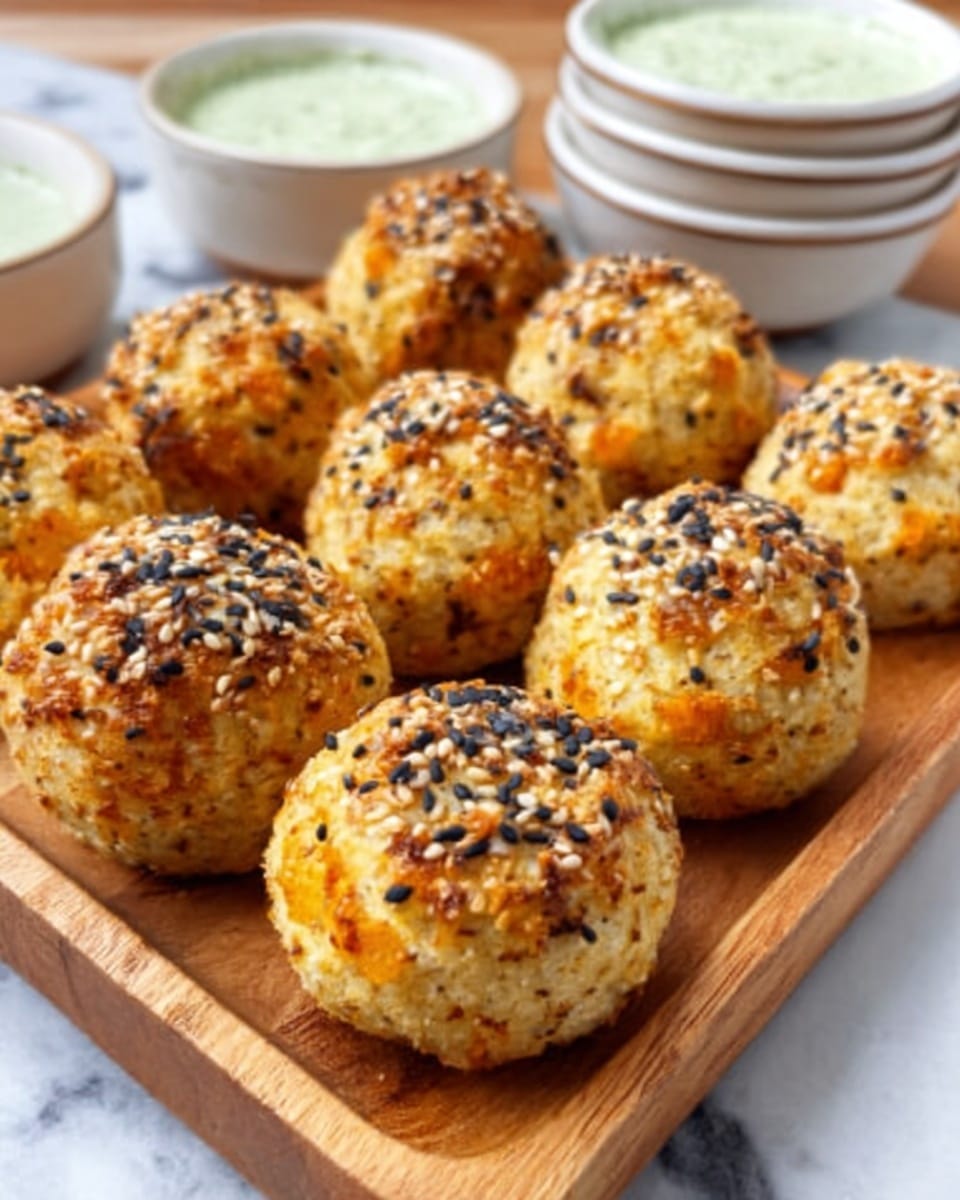 The image shows a wooden tray holding two neat rows of eight round, golden-brown baked buns topped with black and white sesame seeds. The buns have a slightly rough texture with visible bits of seeds and herbs baked into the crust. In the background, there are several stacked white bowls and a small wooden bowl filled with a creamy white sauce sprinkled with green herbs. The whole scene is set on a white marbled surface. photo taken with an iphone --ar 4:5 --v 7